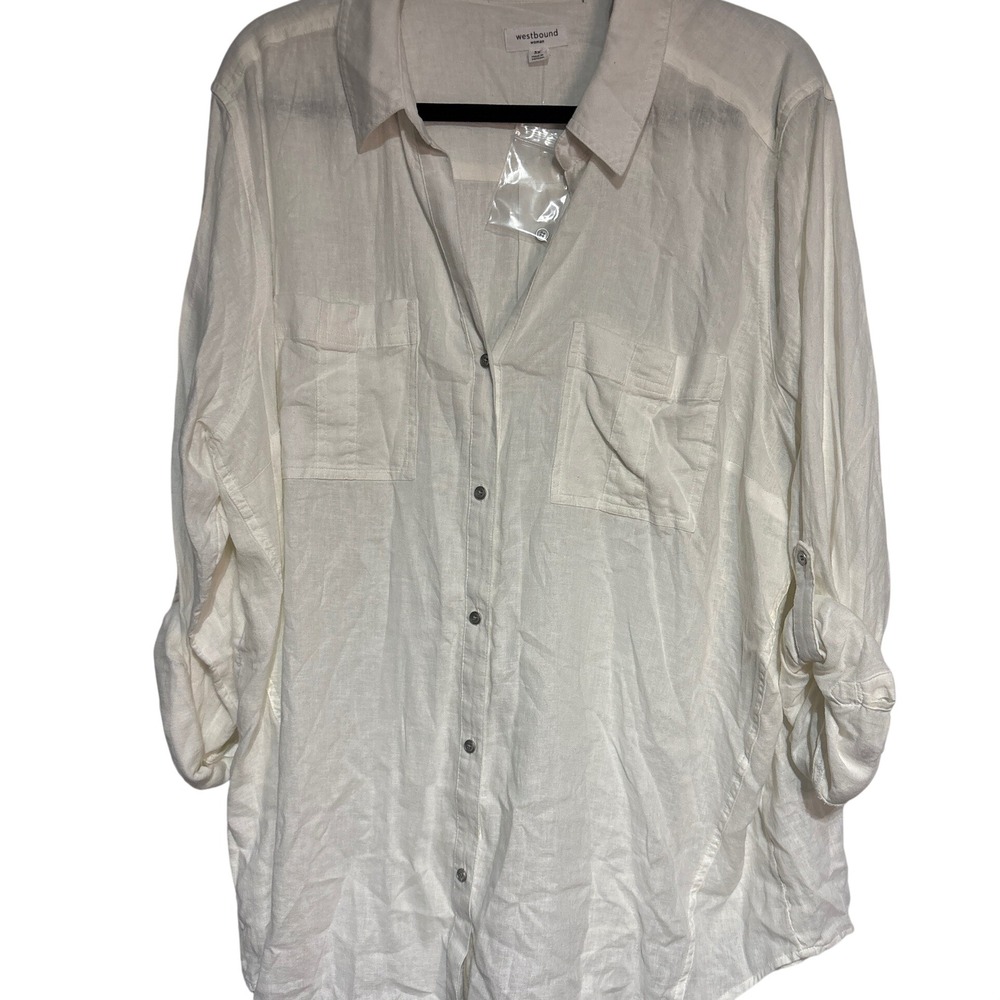 Westbound Woman White Linen Blend Roll Tab Button Down Shirt Plus Size‎ 3X NEW